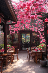 Obraz premium A quiet Chinese garden with a cozy courtyard restaurant with cherry blossoms, traditional lanterns, wooden tables and chairs.
