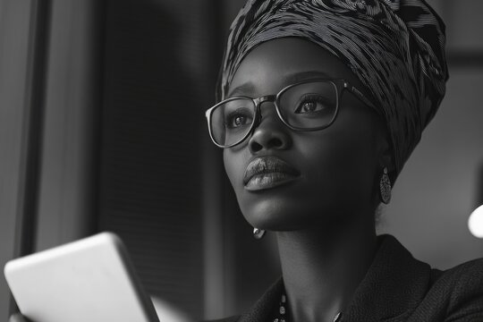 Woman examining tablet