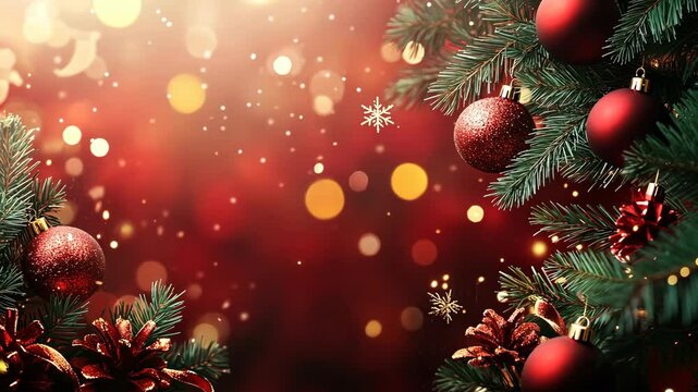 Red Christmas ornaments hang from a pine tree branch against a red and gold bokeh background