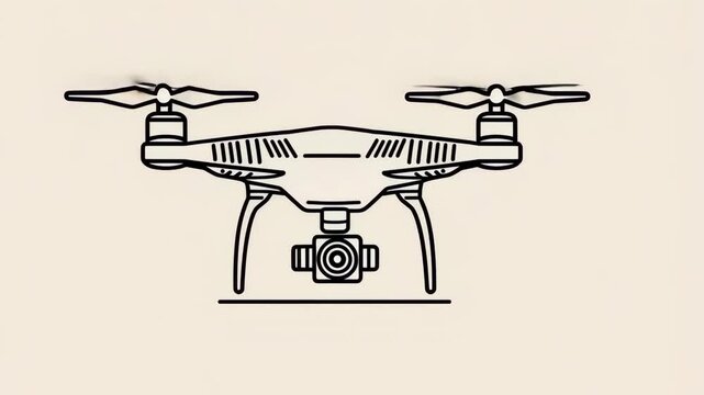 A simple black and white line drawing of a drone with four propellers and a camera