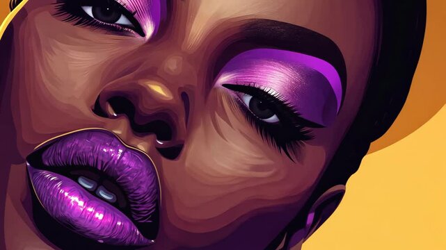 A close-up portrait of a woman with bold purple eyeshadow and lipstick