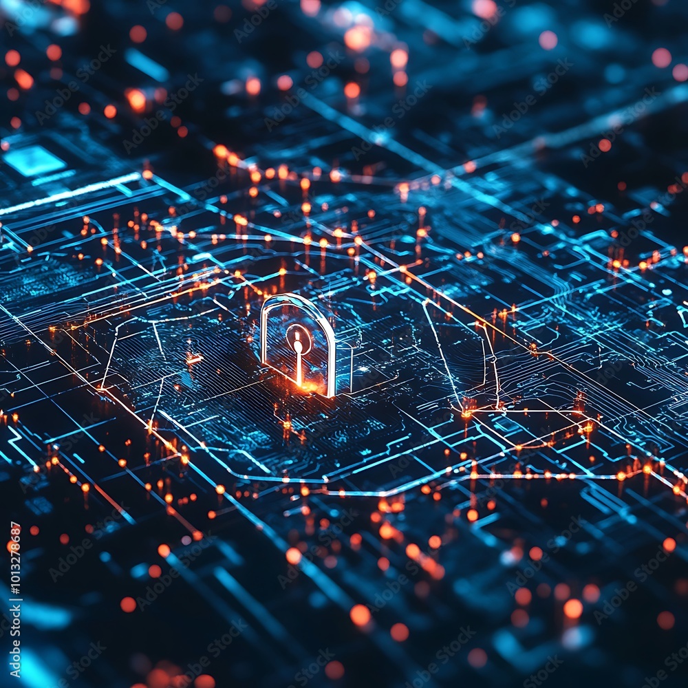 Poster an artistic representation of cybersecurity featuring networks and protective measures.