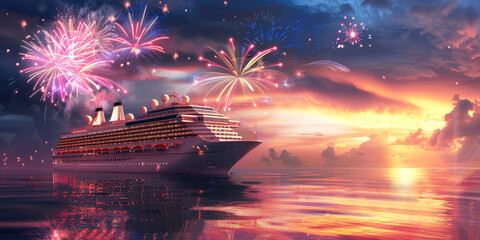 A cruise ship sailing through the ocean at sunset, with a vibrant fireworks display exploding in the sky above. Banner, copy space.