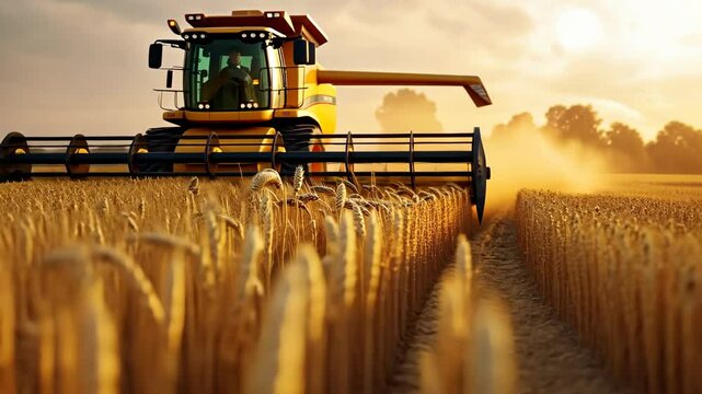 A combine harvester cuts through a field of golden wheat as the sun sets in the distance