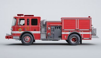 Classic Red Fire Truck with Equipment Side View Isolated on White Background design