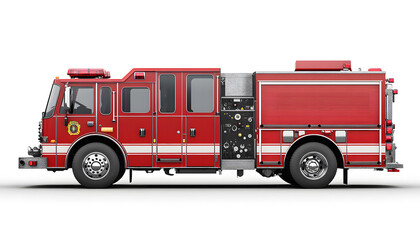 Classic Red Fire Truck with Equipment Side View Isolated on White Background design