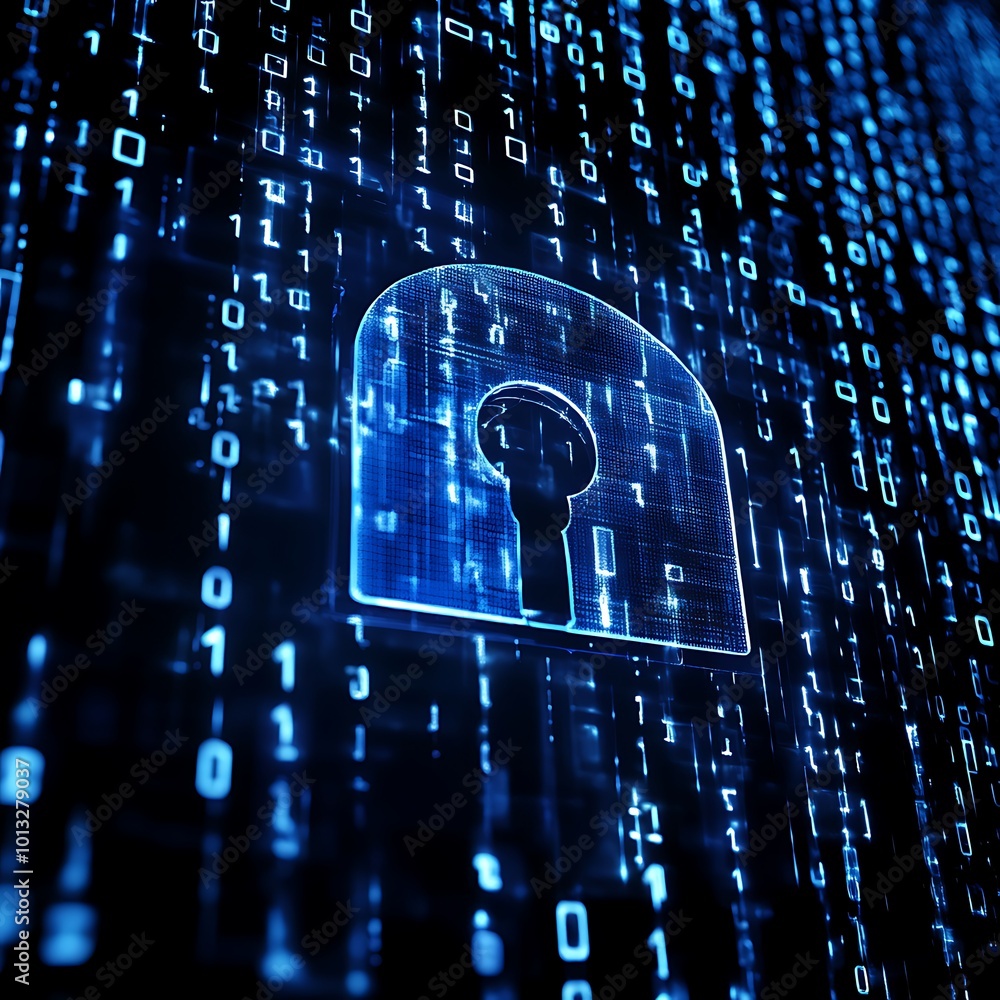 Poster a vibrant design representing cybersecurity with locks and network graphics.