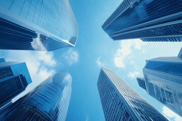 Naklejka premium Skyscrapers in a Modern City with Blue Sky and Clouds from a Low Angle View