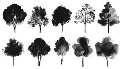 Trendy set of black silhouettes of trees on a white background, made with ink, rough brushstrokes. Generative AI