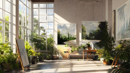 An open art studio showcasing an inspiring environment with large windows, plants, and unfinished artworks adorning the walls