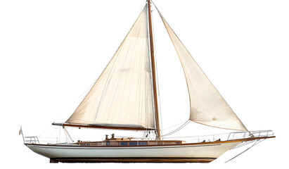 Obraz premium Classic Wooden Sailboat with White Sails Isolated on a White Background design