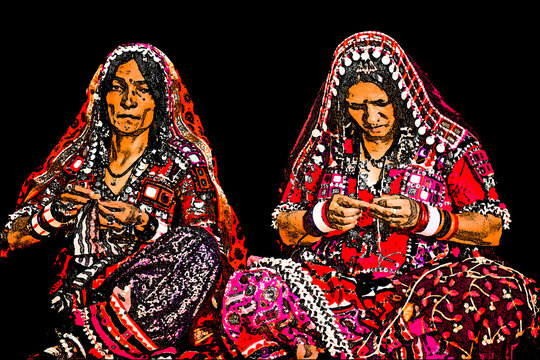 Portrait Digital Art - The Lambani tribes doing embroidery, they also called Lambadi, Lambani, Lamani or Banjari is a Western Indo-Aryan language spoken by the Banjara people across India.
