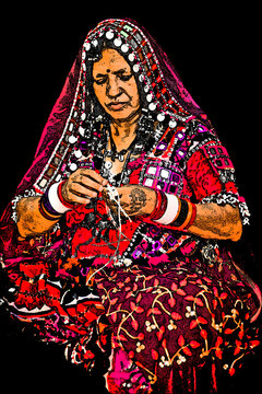 Portrait Digital Art - The Lambani tribes doing embroidery, they also called Lambadi, Lambani, Lamani or Banjari is a Western Indo-Aryan language spoken by the Banjara people across India.