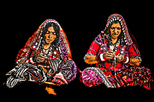 Portrait Digital Art - The Lambani tribes doing embroidery, they also called Lambadi, Lambani, Lamani or Banjari is a Western Indo-Aryan language spoken by the Banjara people across India.