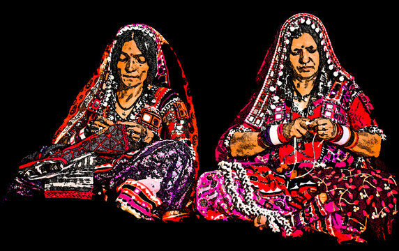 Portrait Digital Art - The Lambani tribes doing embroidery, they also called Lambadi, Lambani, Lamani or Banjari is a Western Indo-Aryan language spoken by the Banjara people across India.