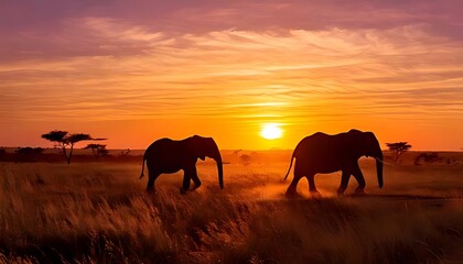 Fototapeta premium Majestic Elephant , a Vibrant Sunset, Capturing the Beauty of Wildlife in Nature's Golden Hour