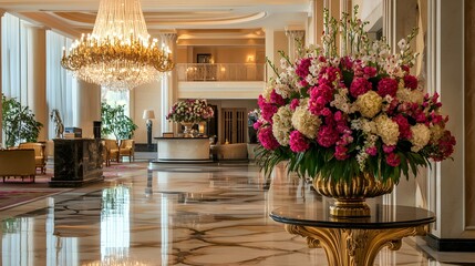 A luxurious hotel lobby adorned with elegant furnishings, large chandeliers, and beautifully arranged flowers, creating an inviting atmosphere for guests