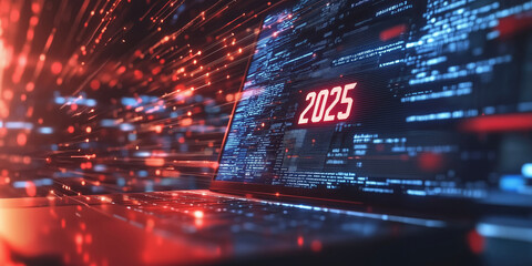 Computer screen with numbers 2025. Celebrating new year 2025 concept
