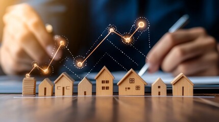A visualization of wooden houses lined up with a rising graph, symbolizing real estate growth and market analysis.