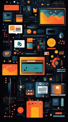 Vibrant digital art showcasing colorful screens, data visualization elements, and geometric shapes on a dark background.