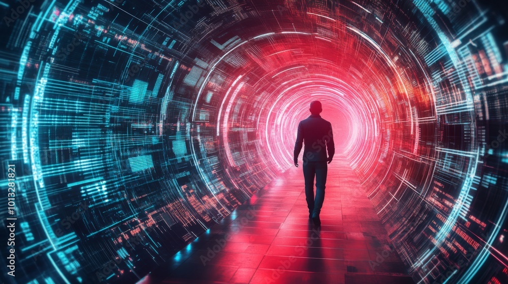 Leinwandbilder a figure walks through a vibrant, futuristic tunnel of colorful lights and data, symbolizing a journ