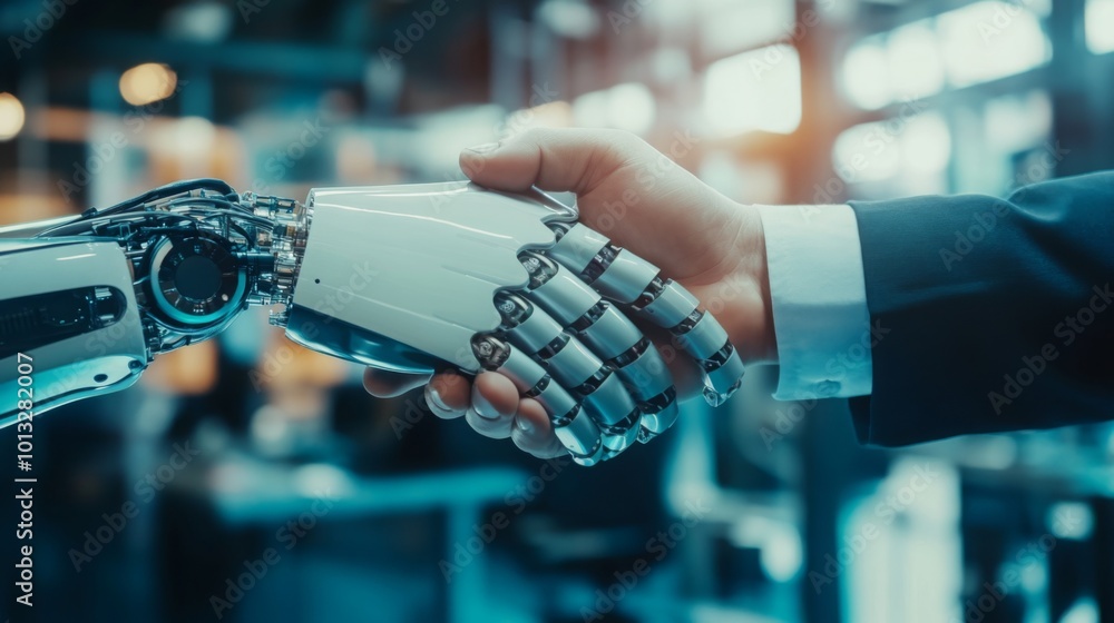 Poster a human and a robotic hand shake, symbolizing collaboration between technology and humanity in a mod