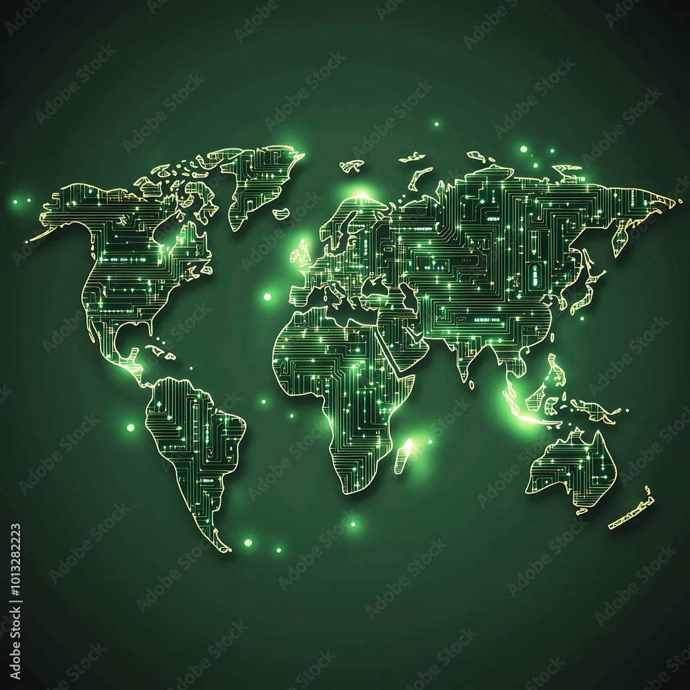 Poster a dark-themed world map graphic showcasing glowing lines and statistics.