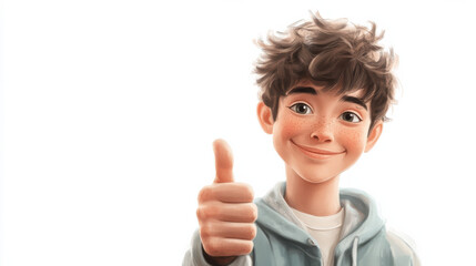 Happy boy giving thumbs up with curly hair and freckles
