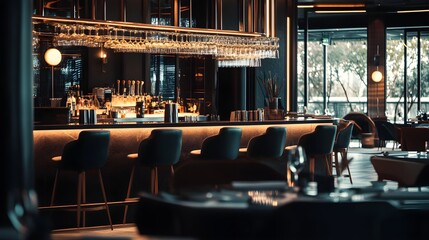 A cozy interior of a modern restaurant featuring a stylish bar with ambient lighting, surrounded by elegantly set tables, creating an atmosphere for intimate dining