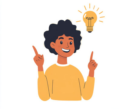Bright idea illustration featuring young person with curly hair