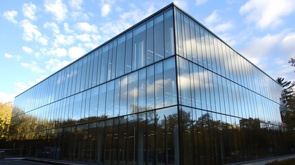 Fototapeta premium Modern glass and steel building exterior with reflection of sky and trees