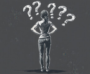 Confused woman standing with questions marks around her, seeking answers