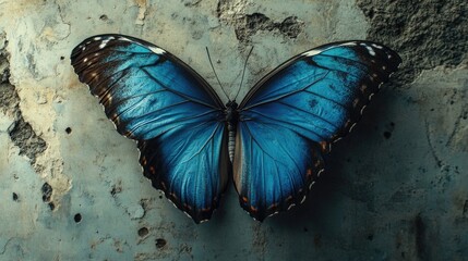 Blue butterfly on wall