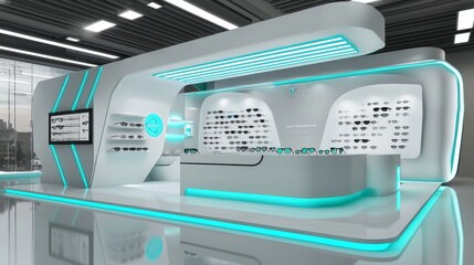 modern trade show booth for a sunglasses. international exhibition for optics, optometry and ophthalmology