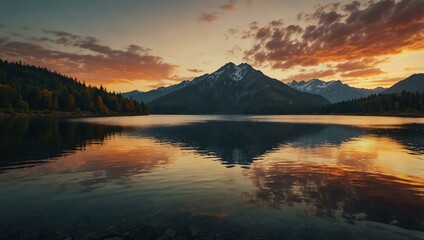 Sunset over a serene mountain landscape with a lake.