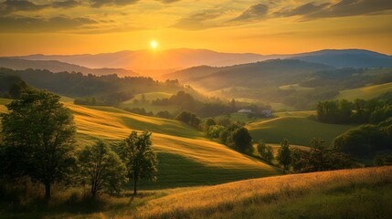 A vibrant sunrise illuminating a serene landscape, emphasizing the energy of a new day as soft light spills over rolling hills and greenery