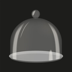 Vector glass transparent cloche on a plate. Realistic transparent cover with a handle in a front view. Vector illustration isolated transparent background.