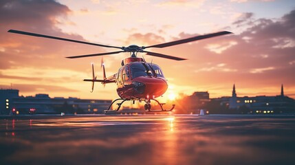Helicopter landing at sunset with city skyline backdrop
