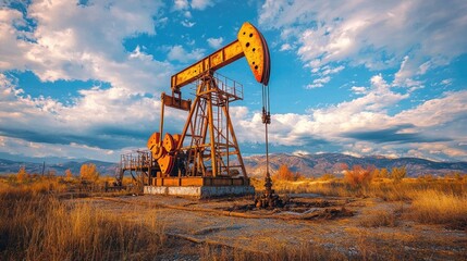 Abandoned oil pump jack in a scenic autumn landscape