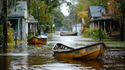 Fototapeta premium Flooded neighborhood with boats navigating the streets