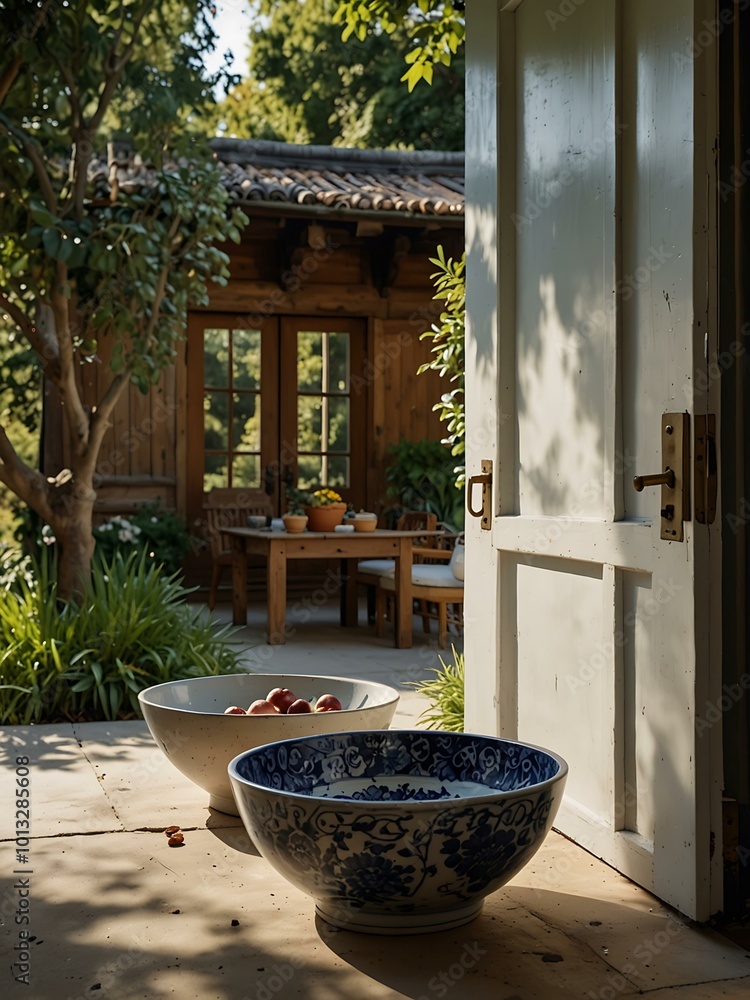 Poster table with bowls in front of an open door to a garden.