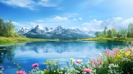 A serene mountain landscape reflecting in a crystal-clear lake, surrounded by vibrant wildflowers and a clear blue sky, offering a sense of tranquility