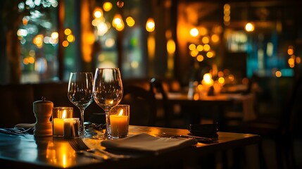 A cozy restaurant interior with dim lighting and stylish decor, featuring tables set for a fine dining experience adorned with candles and elegant tableware, creating an inviting atmosphere