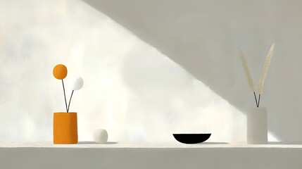 Minimalist still life with orange and white vases and soft light.