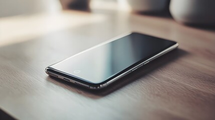 A close-up shot of a sleek smartphone resting on a wooden desk, with soft natural light illuminating the device and highlighting its design features, creating a minimalist and modern atmosphere