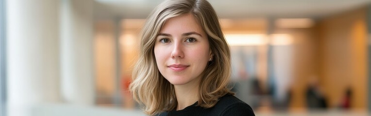 Young woman with light hair stands confidently in modern office setting