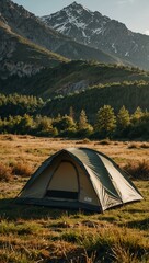 Tent in the mountains, country and nature-themed.