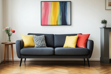 Minimalist Sleek living room setup with a sofa, colorful pillows, and a large abstract painting. A great fit for modern, clean, and colorful interior design concepts.