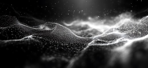 Abstract black and white wavy digital landscape with particles.