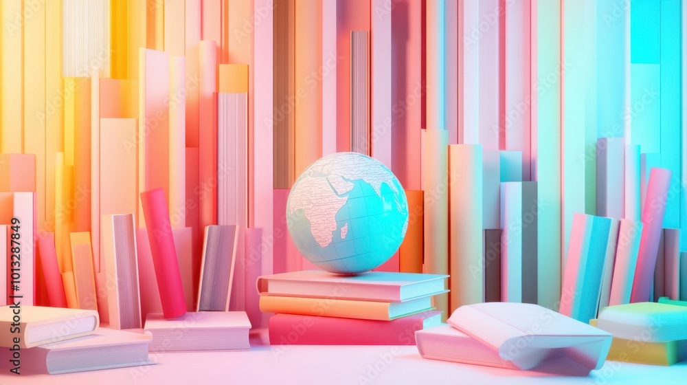 Poster abstract 3d illustration for world book day with a gradient colorful background, featuring books and